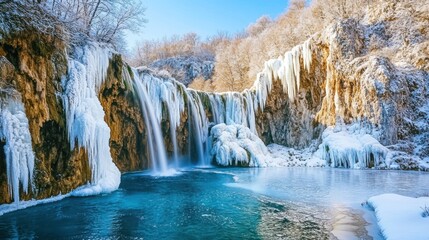 Frozen waterfall in winter forest, tranquil scene, nature photography, travel