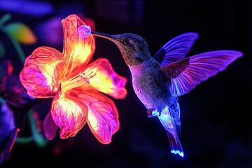 A hummingbird drinking from a glowing neon flower