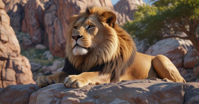 Regal lion lounging on a rocky outcropping, staring ahead with unblinking intensity , stare, earthy tones, majestic