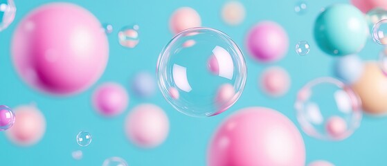 A colorful array of bubbles and spheres floats against a soft blue background, creating a whimsical and cheerful atmosphere.