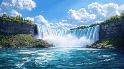 Majestic waterfall cascading, sunny sky, lush greenery, calm river.  Tourism brochure