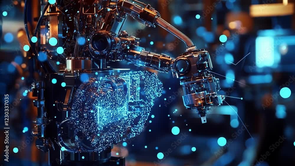 Poster an assembly robot with intricate mechanical joints surrounded by shimmering blue dots and lines that