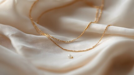 Elegant Gold Chain and Pearl on Soft Cream Fabric Background
