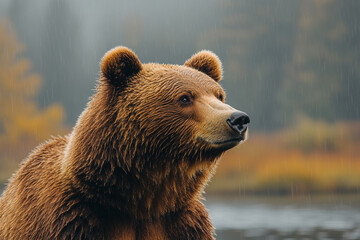 Obraz premium Grizzly Bear In Rain Autumnal Setting