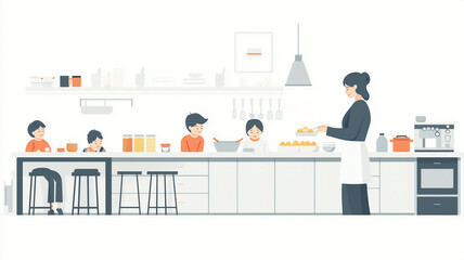 Obraz premium Minimalist Mother Preparing Breakfast in Modern Kitchen, Calm and Functional Family Scene