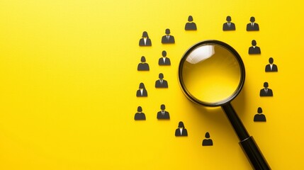 Magnifying Glass Over Silhouettes of People on Yellow Background
