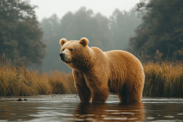 Obraz premium Majestic Grizzly Bear Stands in Misty River Water