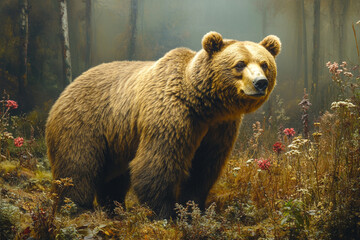 Obraz premium Majestic Brown Bear in Autumnal Forest Habitat