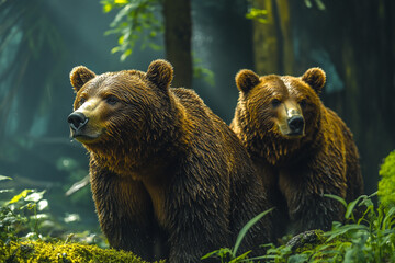 Obraz premium Two Brown Bears in a Lush Forest Setting
