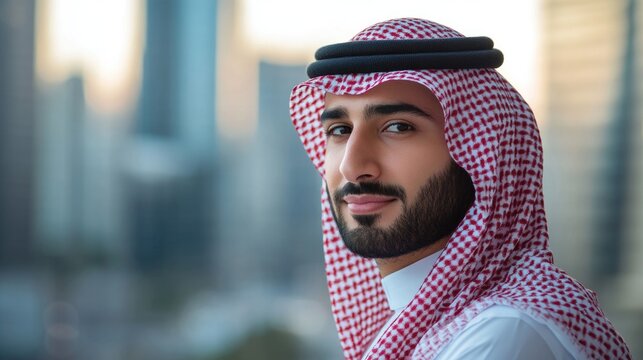 Banner of Handsome arab middle-eastern saudi arabian man with traditional saudi clothing in studio - Arabic muslim adult male businessman wearing thwab portrait on big city background . Copy space