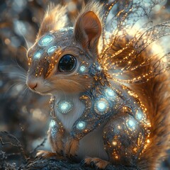Obraz premium A glowing, ethereal squirrel in a blue light is surrounded by tiny dancing sparks and contrasting snowflakes or crystalline structures The image exudes serenity and magic, reminiscent - AI-generated