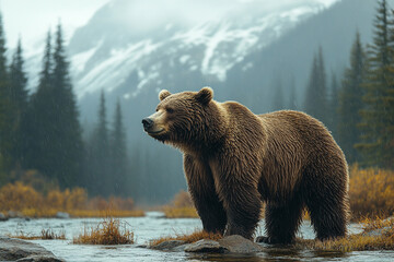 Obraz premium Grizzly Bear Standing in Rainy Mountain River