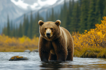 Obraz premium Grizzly Bear Wading Through Autumn River Landscape