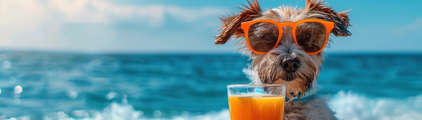 A dog with orange sunglasses and a glass of orange juice enjoys a sunny day at the beach The vibrant ocean view and ample copy space make this image perfect for summer