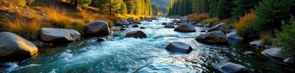 Rocky river flowing through the Mokelumne Wilderness, wilderness, natural flow, mountain scenery