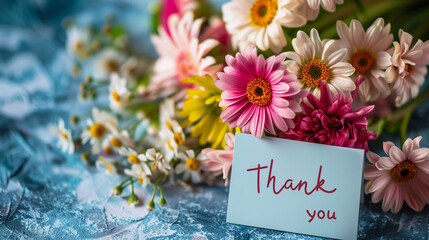 card with word "Thank you" with colourful flowers
