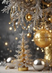 Shimmering silver and gold tinsel tree decorations with snowflakes, gold, tree