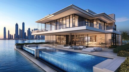 Fototapeta premium Luxury Waterfront Villa with Infinity Pool and City Skyline