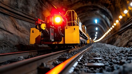 Naklejka premium A yellow train inside a dimly lit tunnel, with glowing lights illuminating the rocky walls and tracks.