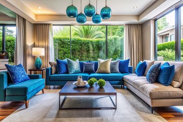 Fototapeta premium Modern Living Room Panoramic: Stylish Sofa with Blue Accent Pillows