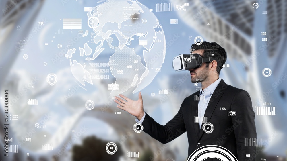 Poster professional business man holding network globe hologram while wearing vr glasses. skilled project m