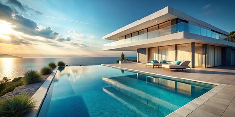 Fototapeta premium Modern Luxury Villa Infinity Pool Turquoise Sea Ocean View