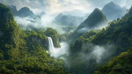 Misty mountain waterfall, lush jungle, scenic view, travel postcard