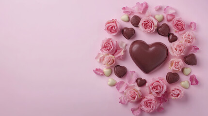 Obraz premium Rose flowers and chocolates in heart shape. Top view