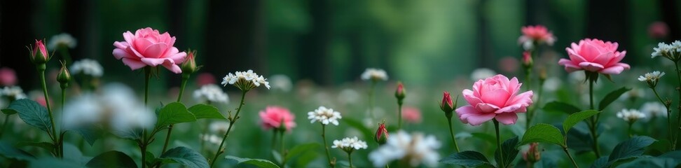Fototapeta premium Shallow pink rose blooms in a bed of white valerian amidst a dark forest background, flowers, dark forest, landscape