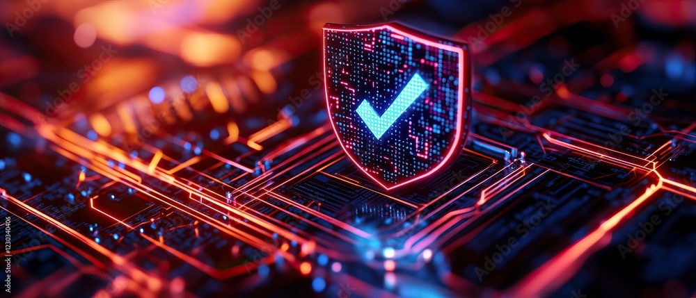 Aufkleber a glowing shield icon with a checkmark is displayed on a circuit board, symbolizing cybersecurity an