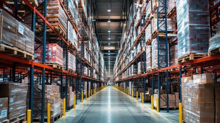 Warehouse Interior with Rows of Palletized Goods
