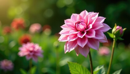 Obraz premium Single pink dahlia in a garden bed with lush greenery, solitude, flowers