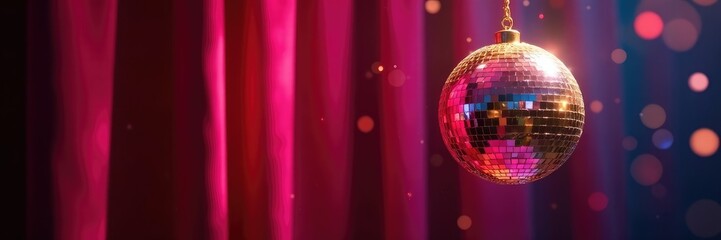 Obraz premium Sparkling disco ball with a gold chain hanging from a velvet curtain, shine, curtain, velvet