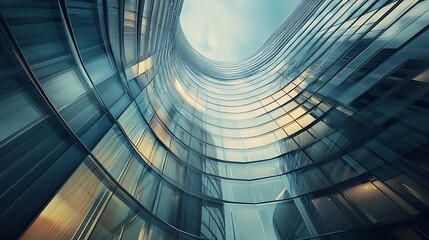 Naklejka premium Urban architectural abstraction of modern glass tower with curved exterior