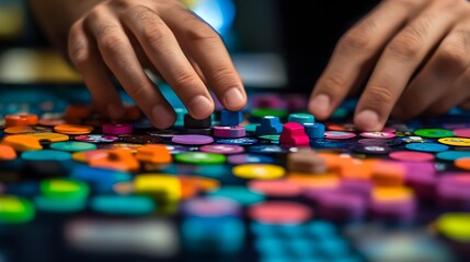 Naklejka premium Hands Arranging Colorful Game Pieces on a Brightly Colored Board