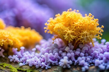 Slime mold growing in a lilac colored environment, biology, environment, organic