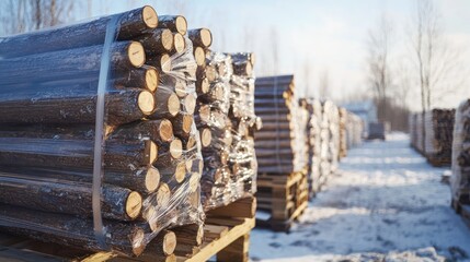 Stacked bundled wooden logs on pallets in snowy yard.