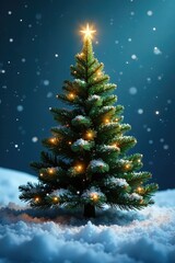 Fototapeta premium Sparkling snowflakes falling gently around a majestic green Christmas tree, christmas, gentle, serene