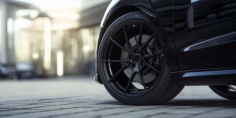 A detailed close-up of a sleek black car wheel showcasing design.