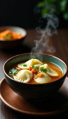 Steaming bowl of Chinese-inspired soup with delicate ravioli floats on top, ravioli dish, broth, float