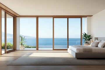 Obraz premium Luxury accommodation offers breathtaking ocean views. A modern bedroom with large windows showcasing a serene ocean view, featuring minimalist decor and natural light.
