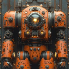 A large, rusted robot with glowing eyes stands menacingly Despite its worn appearance, it exudes power and potential action - AI-generated