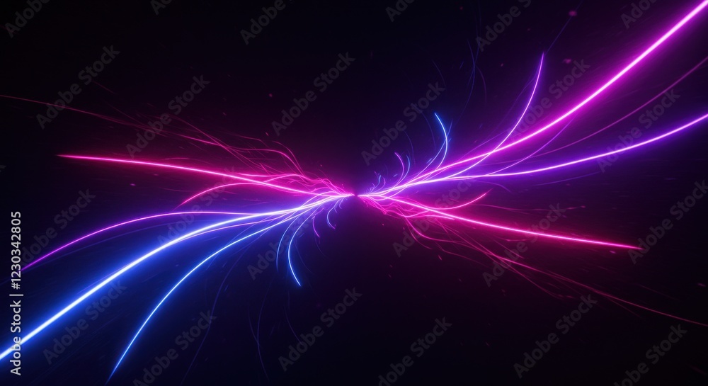 Poster abstract dark background with glowing pink and blue curved lines creating a central point