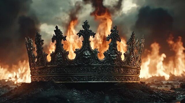 Crown rests amidst flames, symbolizing the fall of a kingdom and the impermanence of power in a dramatic landscape