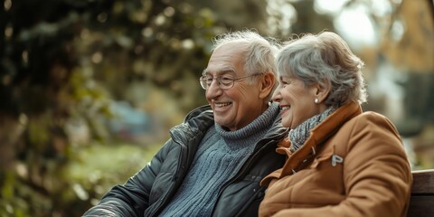 Fototapeta premium An elderly couple shares joyfully beautiful moments while sitting in a park together.