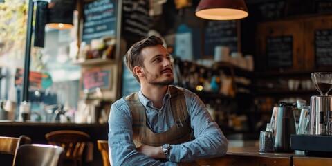 Obraz premium A stylish young man sits in a café, enjoying a moment of serenity and reflection.