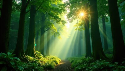 Fototapeta premium Tall trees block sunlight filtering through temple leaves, filter, jungle, vegetation