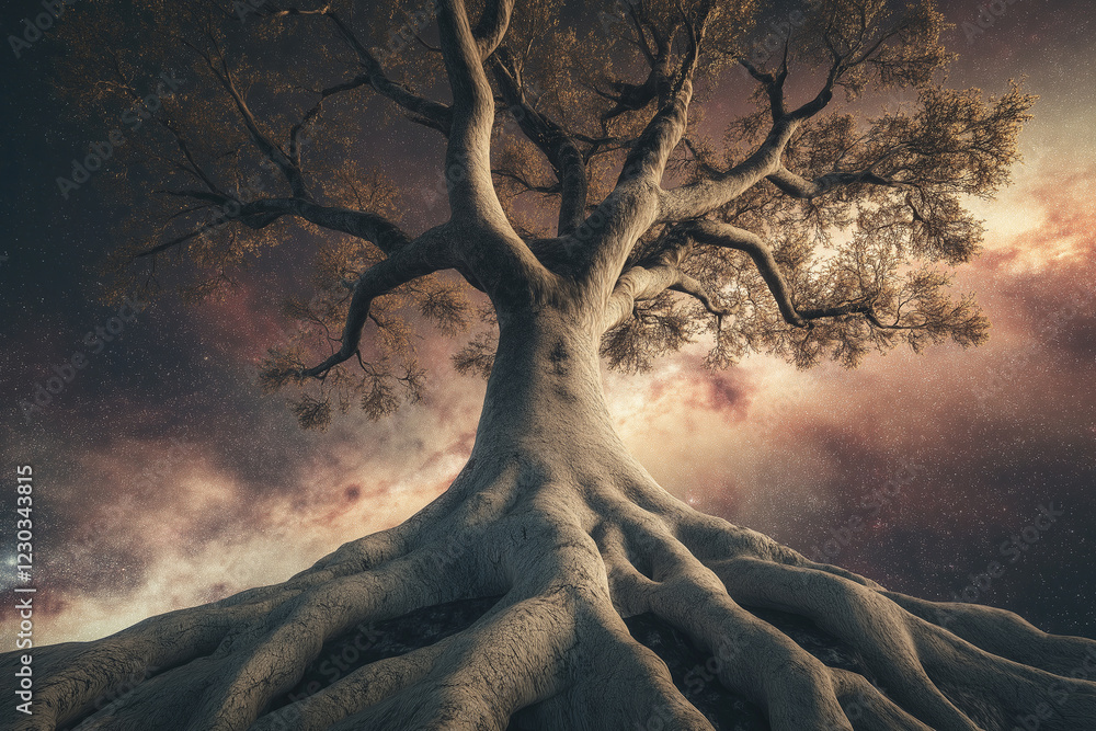 Poster A tree with its roots extending into a galaxy