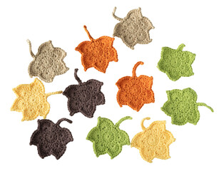 Group of leaves with autumn colors crocheted.