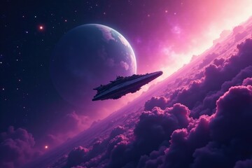 Obraz premium A lone starship floats in the void among swirling purple gas clouds, distant planet, stars, starship